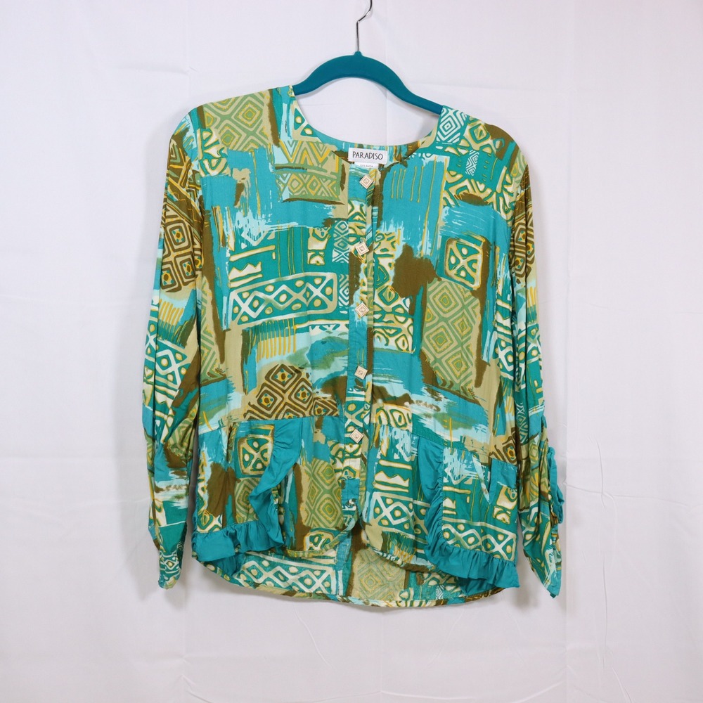Paradiso Button Up Top M Teal Geometric Womens Ruffle Peplum Blouse
